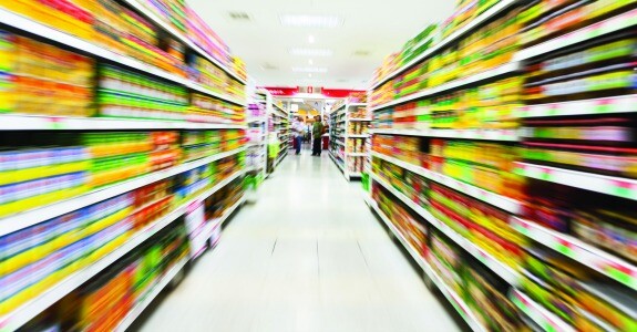 Empty supermarket aisle,motion blur