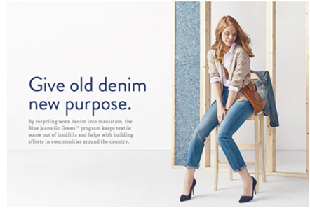 Anúncio de J.Crew da campanha “Blue Jeans Go Green”, que dá desconto para clientes que levarem calças jeans usadas na hora de comprar novos pares