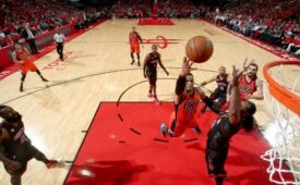 HOUSTON, TX - APRIL 16:  Russell Westbrook #0 of the Oklahoma City Thunder goes to the basket against the Houston Rockets during the Western Conference Quarter-finals of the 2017 NBA Playoffs on April 16, 2017 at Toyota Center in Houston, TX. NOTE TO USER: User expressly acknowledges and agrees that, by downloading and or using this Photograph, user is consenting to the terms and conditions of the Getty Images License Agreement. Mandatory Copyright Notice: Copyright 2017 NBAE (Photo by Nathaniel S. Butler/NBAE via Getty Images)