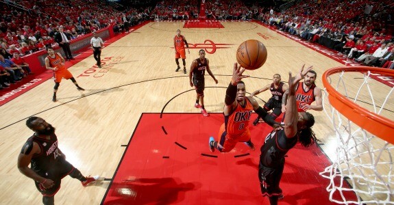 HOUSTON, TX - APRIL 16: Russell Westbrook #0 of the Oklahoma City Thunder goes to the basket against the Houston Rockets during the Western Conference Quarter-finals of the 2017 NBA Playoffs on April 16, 2017 at Toyota Center in Houston, TX. NOTE TO USER: User expressly acknowledges and agrees that, by downloading and or using this Photograph, user is consenting to the terms and conditions of the Getty Images License Agreement. Mandatory Copyright Notice: Copyright 2017 NBAE (Photo by Nathaniel S. Butler/NBAE via Getty Images)