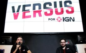 Cyrille Reboul, CEO da Webmedia Brasil, e Aydin Sarmadi, diretor do IGN Brasil,  em evento interno, para evento interno, destinado a colaboradores e parceiros, apresentando Versus (crédito: divulgação)