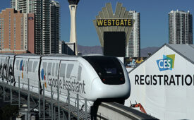LAS VEGAS, NV - JANUARY 07:  A Las Vegas Monorail car with a Google ad passes in front of the the Las Vegas Convention Center prior to the CES 2018 on January 7, 2018 in Las Vegas, Nevada. CES, the world's largest annual consumer technology trade show, runs from January 9-12 and features about 3,900 exhibitors showing off their latest products and services to more than 170,000 attendees.  (Photo by Alex Wong/Getty Images)