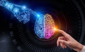 Hand pointing at glowing digital brain. Artificial intelligence and future concept. 3D Rendering