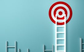Stand out from the crowd and different creative idea concepts , Longest light ladder glowing and aiming high to goal target among other short ladders on green background with shadows . 3D rendering.