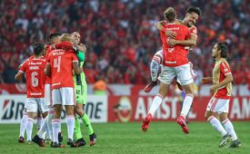 PORTO ALEGRE, BRAZIL - FEBRUARY 26: Bruno Fuchs of Internacional celebrates with teammates after winning the match between Internacional and Tolima as part of Copa CONMEBOL Libertadores 2020 Qualifications on February  26, 2020 in Porto Alegre, Brazil. (Photo by Lucas Uebel/Getty Images)