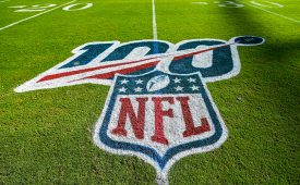 MIAMI, FLORIDA - SEPTEMBER 08: A detailed view of the NFL 100 logo on the field prior to the game between the Miami Dolphins and the Baltimore Ravens at Hard Rock Stadium on September 08, 2019 in Miami, Florida. (Photo by Mark Brown/Getty Images)