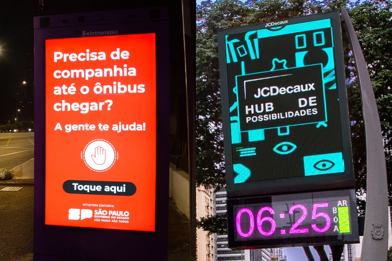 Abrigo de ônibus da Eletromídia e relógio da JCDecaux