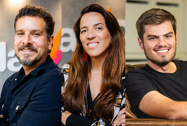 Gustavo Serra, CCO do Play9 Content Group e VP da Play9; Luiza Maggessi, VP da PlayAction e Gabriel Paes Leme, direto geral do PlayNest.