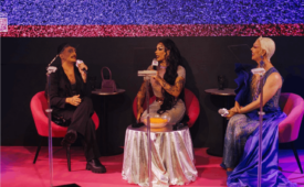 Marcus Cogo, da VamoZ; Grag Queen, apresentadora do DragRace Brasil; e Íkaro Kadoshi na coletiva da RuPaul's DragCon Brasil (Crédito: Breno da Matta)