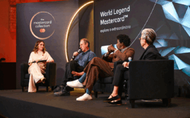 Taciana Lopes, Amyr Klink, Seu Jorge e Costanza Pascolato no lançamento do Mastercard World Legend
