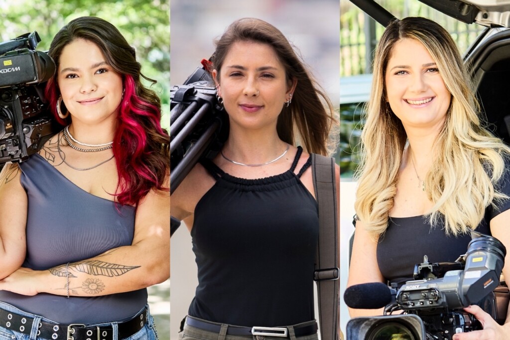 Rebeca, Franciane Dahm e Tatiana Bueno, repórteres cinematográficas da Globo (Crédito: Arthur Nobre/Globo/Beatriz Damy)