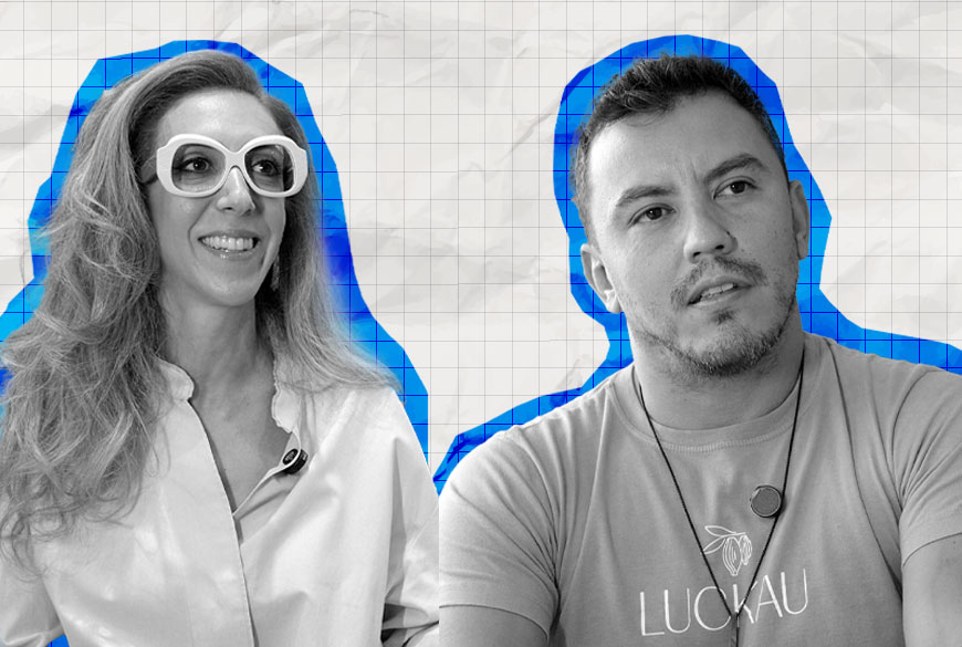 Chantal Kopenhagen Goldfinger, CMO da Goldko, e Raoni Costa, CEO e fundador da Luckau Chocolates (Créditos: Reprodução/YouTube)