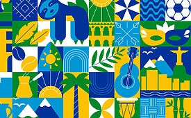 Mosaico de ícones brasileiros: bicho-preguiça, Cristo Redentor, café, futebol, samba, paisagens tropicais.