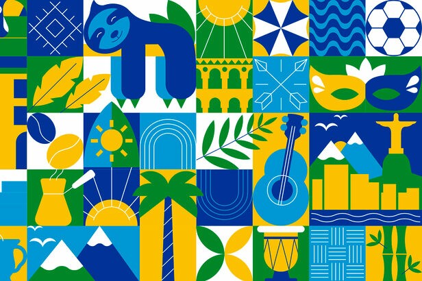 Mosaico de ícones brasileiros: bicho-preguiça, Cristo Redentor, café, futebol, samba, paisagens tropicais.