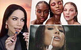 Colagem de fotos com foco em maquiagem e batom, apresentando diferentes mulheres e tons de pele.