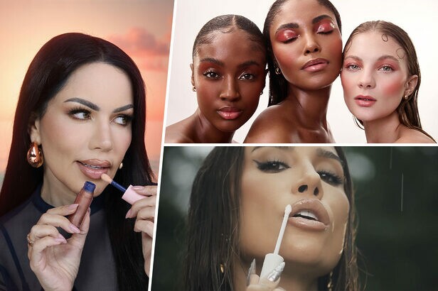 Colagem de fotos com foco em maquiagem e batom, apresentando diferentes mulheres e tons de pele.