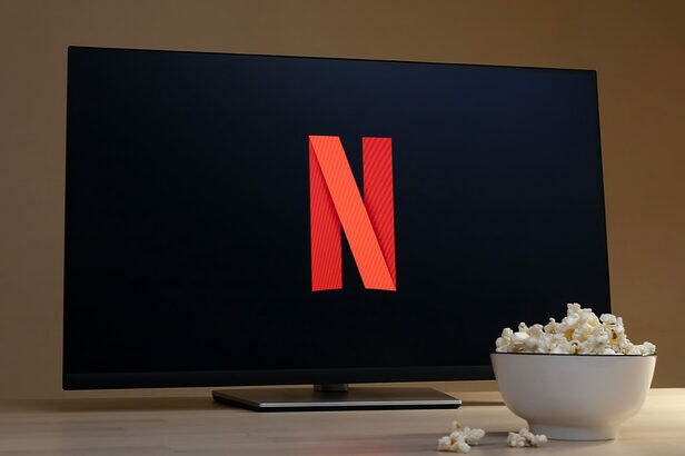 Tela de TV exibe logo Netflix com tigela de pipoca ao lado.