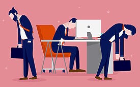 Saúde mental no trabalho - Três homens em trajes de negócios demonstrando exaustão e burnout no trabalho.
