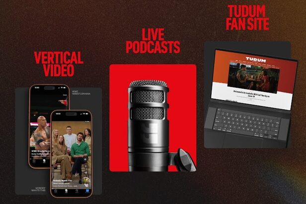 Infográfico com elementos de mídia moderna: vídeos em tela vertical, equipamento de podcast para áudio ao vivo e página web de fãs em computador portátil.