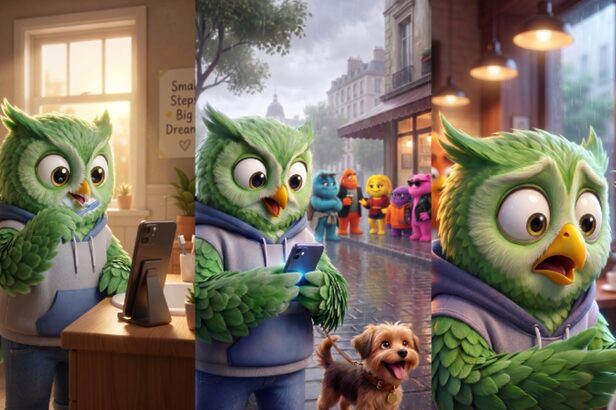 Montagem de três fotos apresentando a coruja Duo, do Duolingo: no primeiro quadro, ele interage com um celular em um home office; no segundo, ele interage com o celular em uma rua com personagens e um cachorro; no terceiro, ele exibe uma expressão de choque em um café diante do celular.