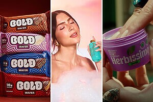 Produtos: wafers Bold Snacks coloridos, modelo com frasco em banho, mão aplicando creme roxo Herbíssimo.