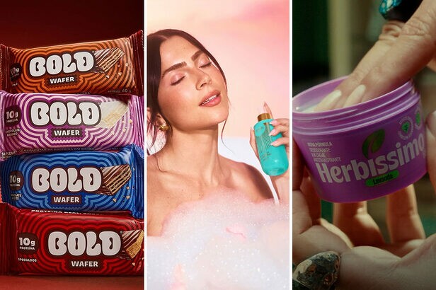 Produtos: wafers Bold Snacks coloridos, modelo com frasco em banho, mão aplicando creme roxo Herbíssimo.