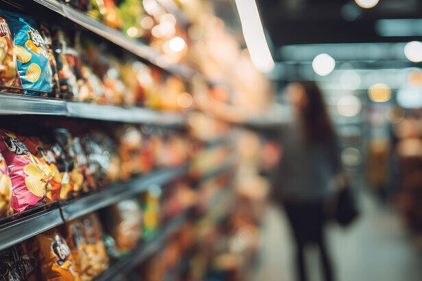 Prateleiras de supermercado com sacos de salgadinhos coloridos; pessoa desfocada ao fundo.