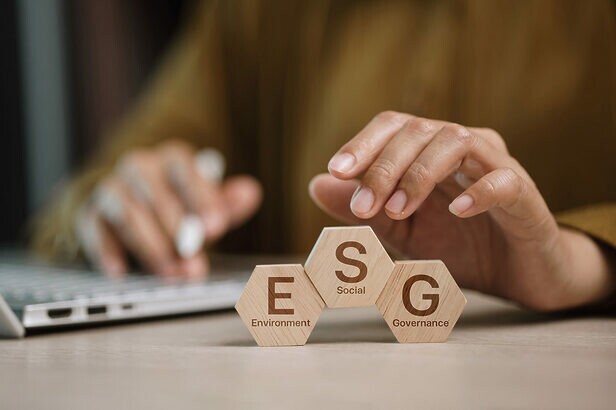 Pessoa posiciona peças ESG de madeira, representando sustentabilidade e governança corporativa.