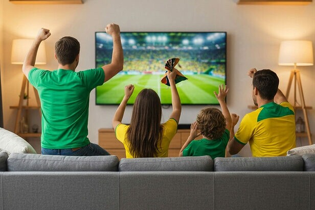 Família vestindo verde e amarelo comemora gol assistindo futebol em TV na sala.