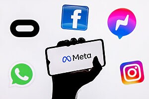 Smartphone exibindo logo Meta, ao lado de ícones de seus principais apps: Facebook, Instagram, WhatsApp, Messenger.