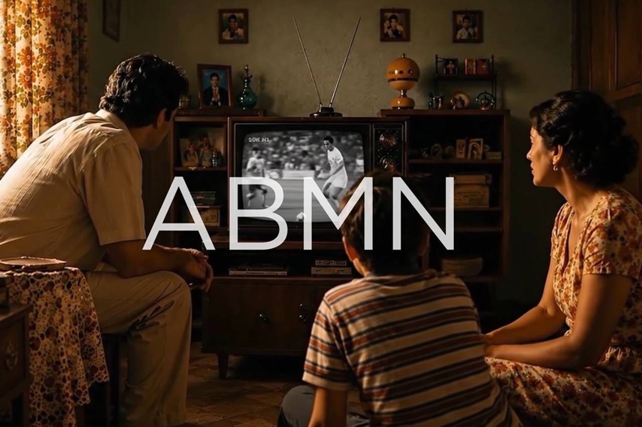 Família (homem, mulher, criança) assistindo TV antiga com jogo em preto e branco.
