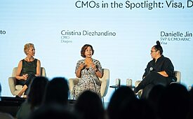 Cristina Diezhandino, da Diageo, Danielle Jin, da Visa e Amanda Lobato, da Opella, no Cannes Lions 2026