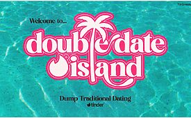 Arte gráfica 'Double Date Island' em fonte estilizada rosa, com palmeira. Fundo aquático e slogan Tinder.