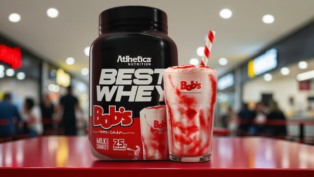 Best Whey sabor Milk Shake de Morango, parceria do Bob's com Atlhetica Nutrition, unindo sabor e proteína.