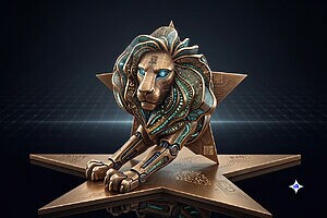 Troféu em forma de leão estilizado com detalhes cibernéticos e olhos luminosos sobre base de estrela.