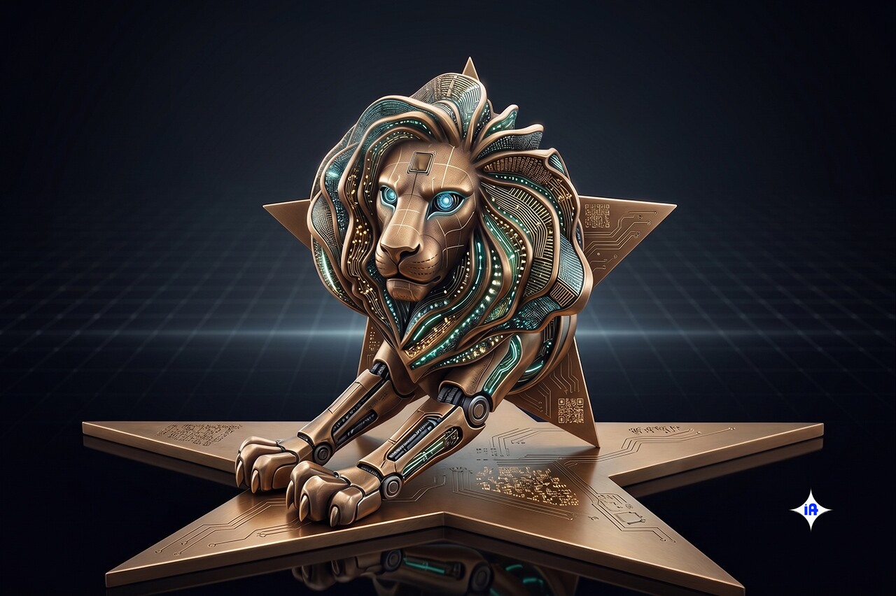Troféu em forma de leão estilizado com detalhes cibernéticos e olhos luminosos sobre base de estrela.