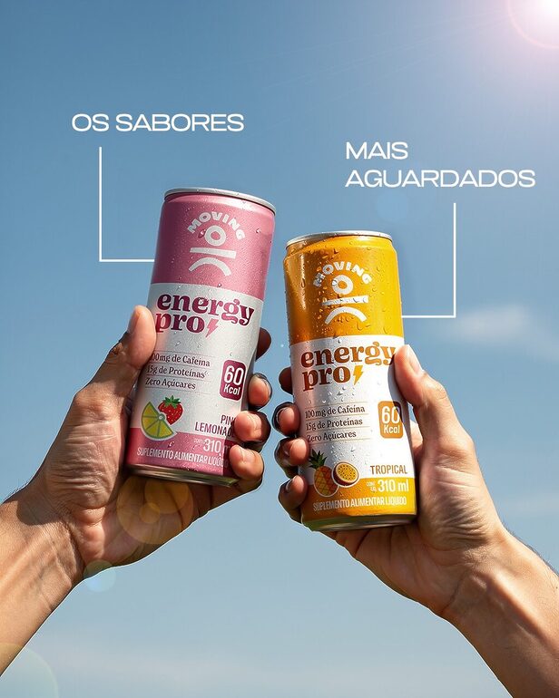 Bebida Energy PRO da Moving, combinando proteína e cafeína para energia e sustentação muscular.