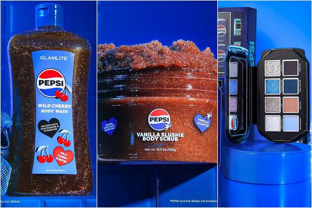 Coleção de maquiagem e bodycare Pepsi x Glamlite nos EUA com sabores Wild Cherry e Vanilla Slushie.