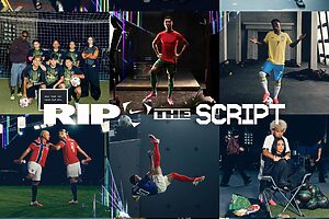 Colagem de momentos de futebol, jogadores Nike, incluindo Cristiano Ronaldo, em campo e bastidores, slogan "RIP THE SCRIPT".