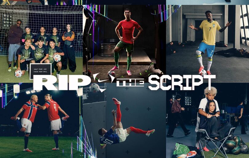 Colagem de momentos de futebol, jogadores Nike, incluindo Cristiano Ronaldo, em campo e bastidores, slogan 