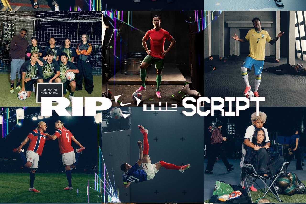 Colagem de momentos de futebol, jogadores Nike, incluindo Cristiano Ronaldo, em campo e bastidores, slogan 