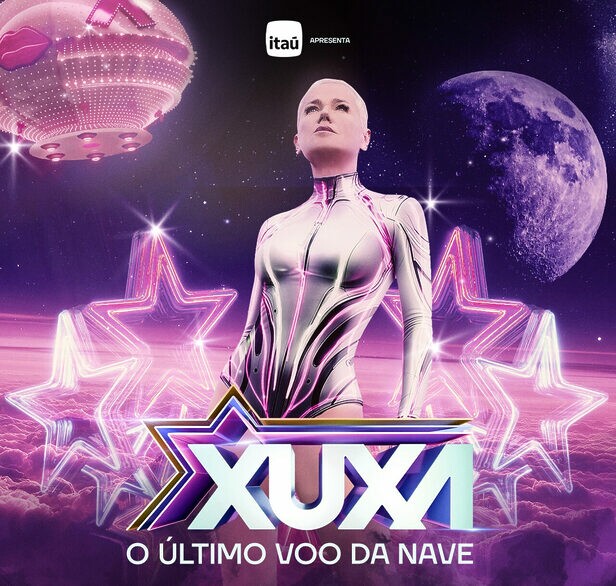 Xuxa durante campanha do Itaú para a turnê 'O Último Voo da Nave', destacando a parceria de patrocínio.