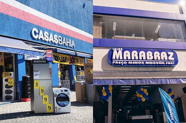 Fachada de loja Casas Bahia com geladeira e máquina de lavar expostas e loja Marabraz com balões.
