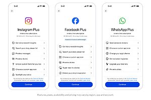 Mockups de celular com telas de assinatura para Instagram Plus, Facebook Plus e WhatsApp Plus, com benefícios.