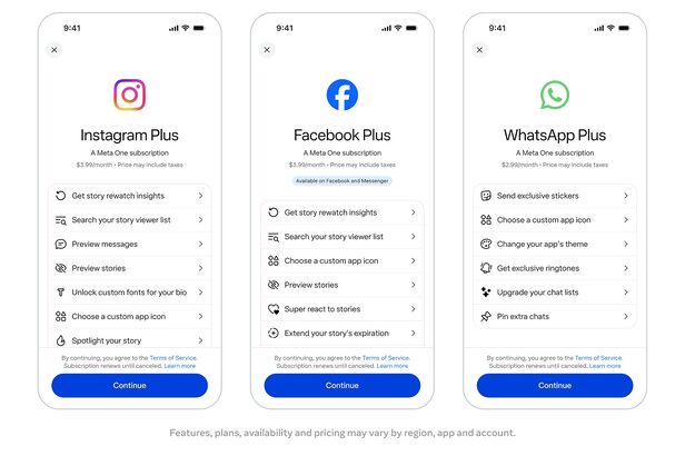 Mockups de celular com telas de assinatura para Instagram Plus, Facebook Plus e WhatsApp Plus, com benefícios.