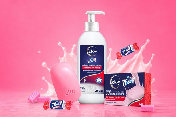 Linha corporal desenvolvida pela Cloy em parceria com a Arcor traz o aroma icônico da bala 7Belo (Crédito: Divulgação)
