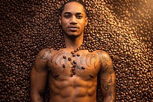 Homem sem camisa deitado sobre grãos de café, com tatuagens nos braços e grãos no peito.
