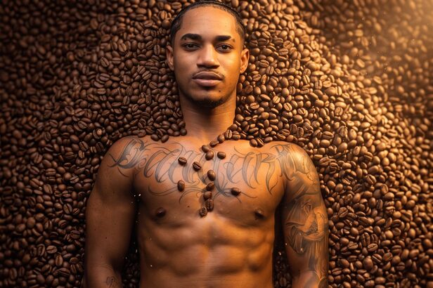 Homem sem camisa deitado sobre grãos de café, com tatuagens nos braços e grãos no peito.