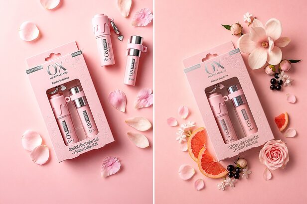 Produtos da linha OX Hair Duo Rosée Sublime, que aposta nos charms como acessórios para personalizar os itens de cuidados capilares (Créditos: Divulgação)