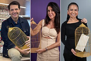 Guilherme Martins, chief marketing officer da Diageo; Juliana Roschel, vice-presidente de marketing e growth do Nubank; e Tannia Fukuda Bruno, diretora de marketing da Seara, do Grupo JBS, concorrem na categoria Profissional de Marketing do Caboré (Crédito: Divulgação)